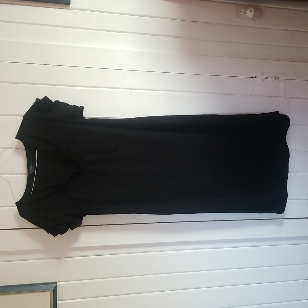 Black Cap Sleeve V-Neck Tie Ribbed Dress Tiered Ruffle Knee Length LBD Skirt